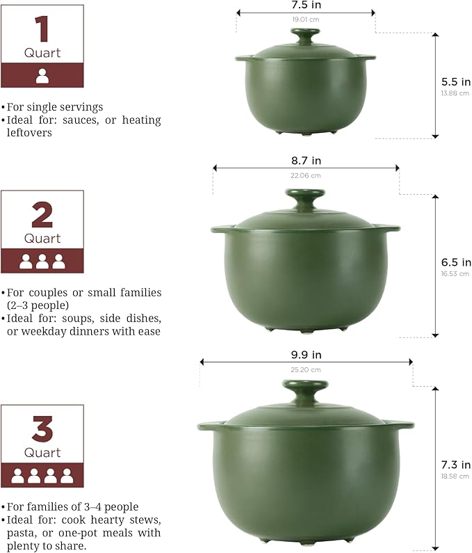 MINH LONG 1-Qt Porcelain Dutch Oven with Lid – Lead & Cadmium Free, Oven Safe to 482°F, Heat Retention, Clay Pot for Cooking on Gas & Infrared Cooktop, Use to Marinate, Cook, Bake, Refrigerate & Serve