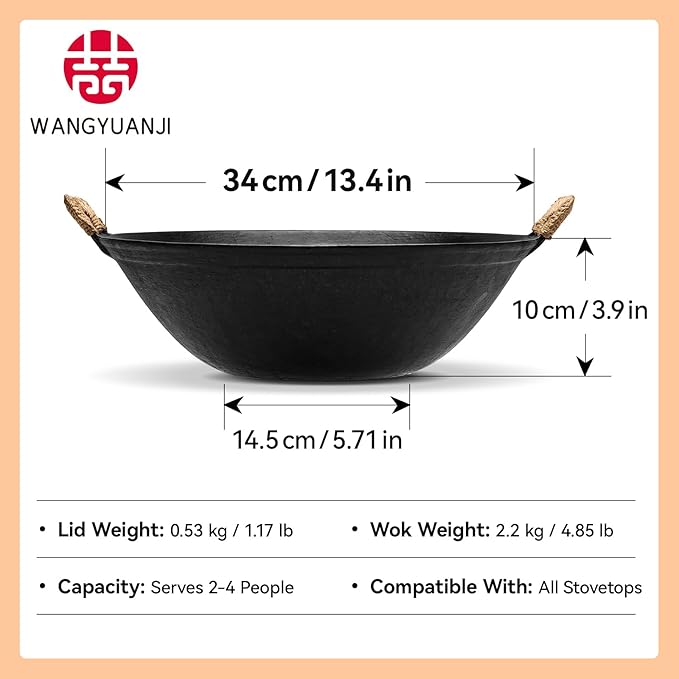 WANGYUANJI Cast Iron Wok Pan,13.4 inch Cooking Wok Stir Fry Pan with Dual Handle and Wooden Lid,Suitable for All Cooktops,Uncoated Chinese Traditional wok