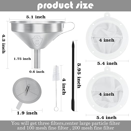 WMKGG 304 Stainless Steel Funnel, 5 Inch Funnels for Kitchen Use Filling Bottles, with 200 Mesh and 100 Mesh Fine Mesh Strainer, for Oils, Juice, Wine, Coffee, Milk, Tea, Powder