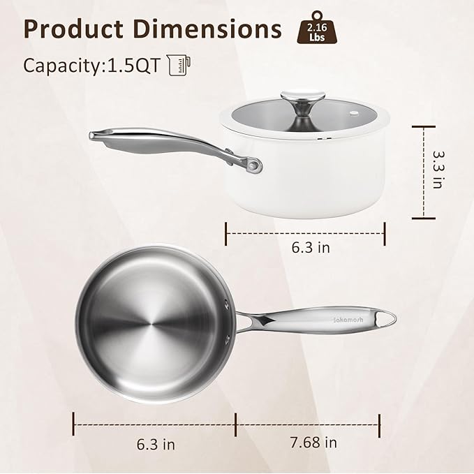 SAKAMOSH 1.5 Quart Tri-ply Stainless Steel Saucepan with Glass Lid, Induction Sauce Pan Compatible with All Cooktops, Non-Toxic Sauce Pot with Stay Cool Handle, Oven & Dishwasher Safe