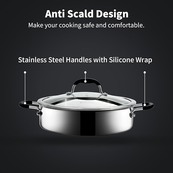 SLOTTET Tri-Ply Stainless Steel Saute Pan with Steamer, 5 Quart Deep Sauté Pan with Lid,11.5 Inch Frying Pan,Dishwasher and Oven Safe,Induction Stainless Steel Cookware