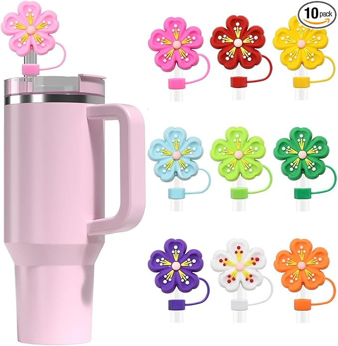 10Pcs Flowers Straw Topper for Stanley Straw Cap Accessories Cute Floral Designs Spring Silicone Straws Tip Covers for Stanley Cups 10mm Dust-Proof Straws Lids Accessories for Women