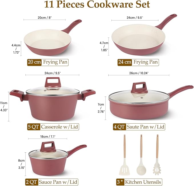 Pots and Pans Set Non Stick, 11-Piece Nonstick Induction Cookware Set, Non-Toxic Kitchen Cooking Set with Frying Pans, Saucepan, Stock Pot, PFOA Free, Red Brown