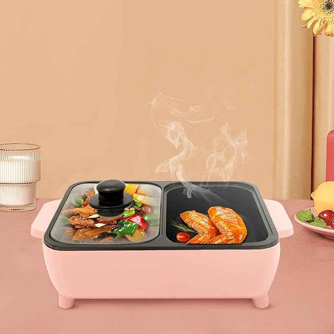 Portable Smokeless Electric Shabu, mokeless Korean BBQ Grill with Temperature Control 2-In-1 Indoor Non-Stick Pan and Griddle For Boiling & Frying