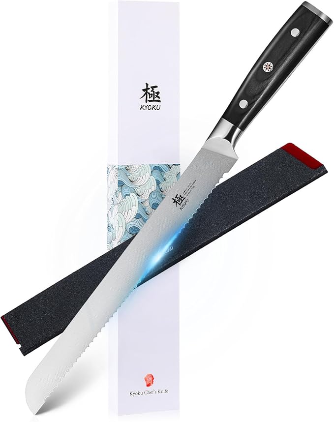 KYOKU 10" Serrated Bread Knife, Samurai Series Serrated Knife for Homemade Bread Pastries with Pakkawood Handle, Japanese Style High Carbon Steel Cake Knife, Full Tang Bread Knife with Sheath & Case