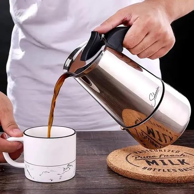 Solazzia Espresso Maker 9 Cup Moka Pot Stainless Steel Percolator coffee pot, Compatible with Gas, Electric, Ceramic, and Induction stovetops(15 fl oz/450 ml)