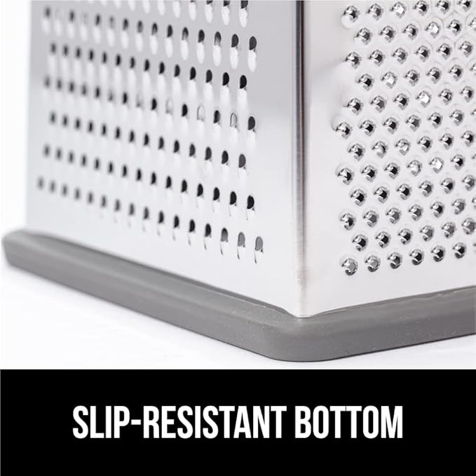 GORILLA GRIP 4-Sided Stainless Steel Cheese Grater With Container, 100% BPA-Free Box Grater, Slip Resistant Base and Handle, Grate Parmesan, Hard Cheeses, Shred Vegetables, Dishwasher Safe, Gray