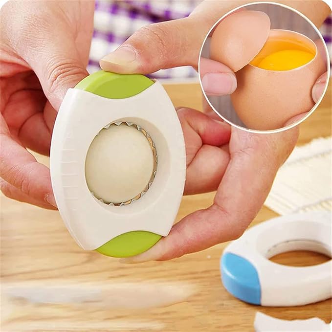 Egg Shell Cutter and Breaker, Food Grade Plastic, White and Multi-Color Accents, Manual Opener with Stainless Steel Teeth (Blue)