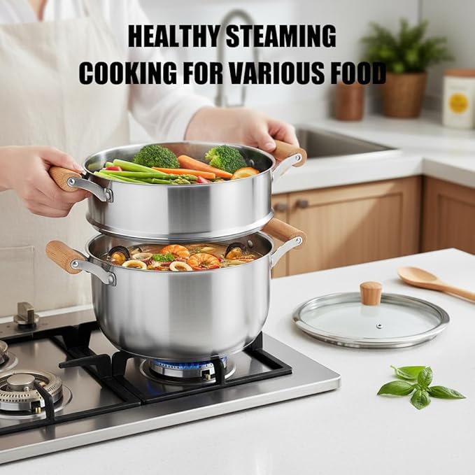Chuleno 3.3QT Steamer for Cooking - Stainless Steel Steaming Pot with Steamer Basket for Vegetable, Dumpling, Soup, Pasta, Seafood – Induction Compatible, Transparent Glass Lid & Wooden Handle for Safe Cool Touch Cooking – As Christmas Gift for Family
