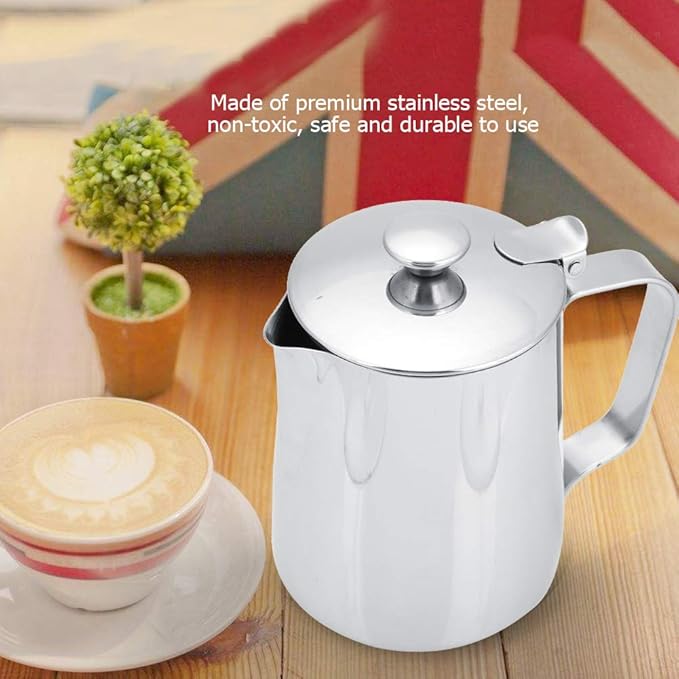 Milk Frothing Cup, Stainless Steel MugPitcher Jug with Lid Latte Coffee Art Tool for Home Cafe Bar Restaurant Hotel(350mL)
