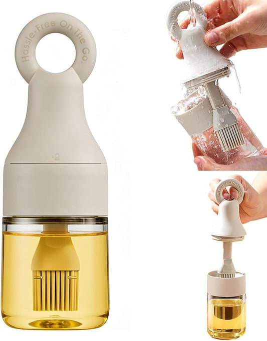 Oil Dispenser Bottle with Silicone Basting Brush, 5.07oz (150ml) Borosilicate Glass Oil Jar with Portable Ring Handle, Integrated Heat-Resistant Non-Drip Brush Cap for Kitchen, BBQ, Baking (White)