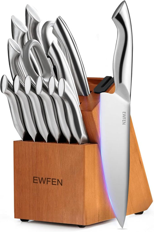 Knife Set, EWFEN 14-Piece Kitchen Knife Set with Block, German Stainless Steel Knives with Built-in Knife Sharpener, Anti-Slip Curved Handle Sharp Knives Set for Kitchen, Dishwasher Safe