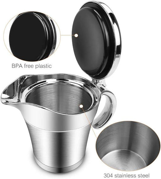 ShineMe Stainless Steel Gravy Boat Sauce Jug with Lid, 16oz Double Wall Insulated for Keeping Sauce Hot, Storage for Gravy or Cream, Apply for Home & Kitchen
