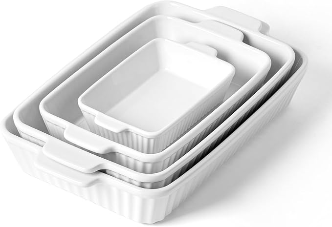 Casserole Dishes for Oven - Ceramic Bakeware Sets of 4, Rectangular Baking Deep Dishes with Handles, Lasagna Pans for Kitchen Cooking & Housewarming, White