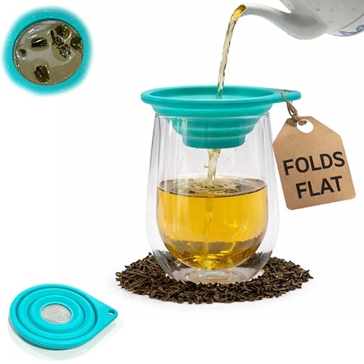 Collapsible Fine Mesh Strainer – Handy 4” Fold-Flat Silicone Funnel with Stainless Steel Filter for Loose Leaf Teas, Wine, Coffee Pour Over, Cocktail Making, Small Sieve, Kitchen, Camping & RV Life