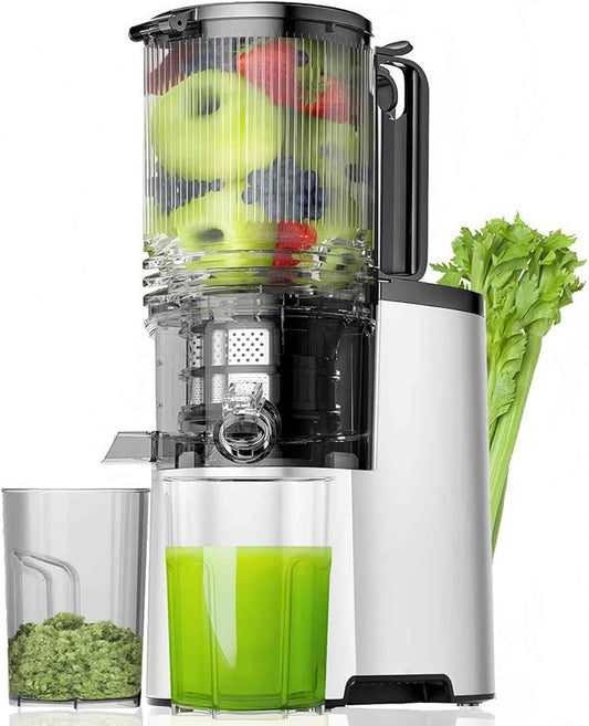 EanOruus Cold Press Juicer, 5.8" Wide Feed Chute Juice Extractor Machine with 400W, High Juice Yield, Slow Masticating Juicer for Whole Vegetables & Fruits, Metallic Silver