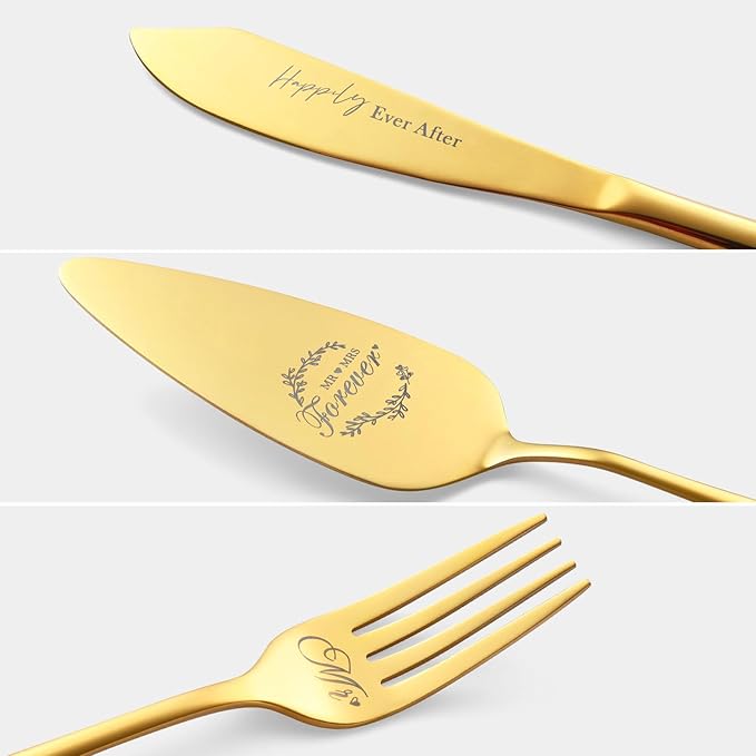 Galaxozent Wedding gifts for Couples, Gold Wedding Cake Knife and Server Set with Forks, Cake Cutting Set, Bridal Shower Anniversary Engagement Present For Mr and Mrs Set of 4