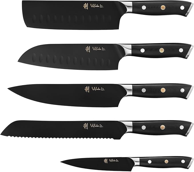 Wakoli Titanium Noir Knife Block Set – 5-Piece Chef Knife Set with Magnetic Acacia Block | 5Cr15MoV Stainless Steel Blades with Black Titanium Coating | Ergonomic G10 Handles | Kitchen Knives Gift Set