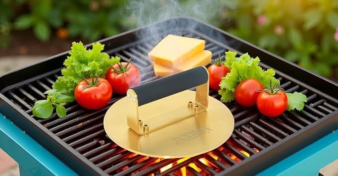 2.3LB 8inches 304 goldenStainless Steel Heavy Duty Burger Press, Bacon Press Barbecue Press Meat Press Garlic Press Round Burger Smasher Griddle Press