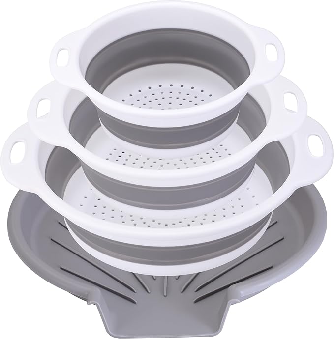 Collapsible Colander Set with Oversized Draining Tray | 3-Pack Foldable Kitchen Strainers + Base | Space Saving for Pasta, Veggies, Fruit & Rice | 5 Colors (Gray-White)
