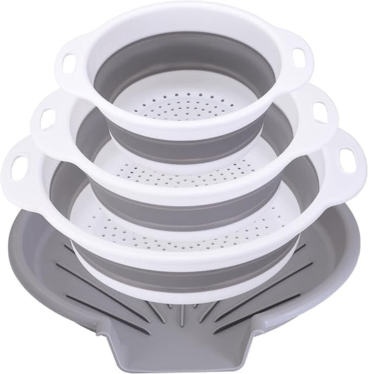 Collapsible Colander Set with Oversized Draining Tray | 3-Pack Foldable Kitchen Strainers + Base | Space Saving for Pasta, Veggies, Fruit & Rice | 5 Colors (Gray-White)