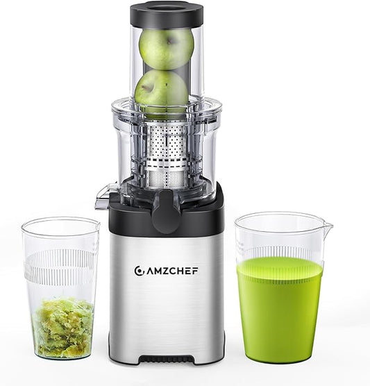 AMZCHEF Cold Press Juicer, Juicers Machines - 3.2" Large Feed Chute for Whole Fruits & Vegetables, Stainless Steel Slow Masticating Juice Easy to Clean, Large Auger, Double Strainers