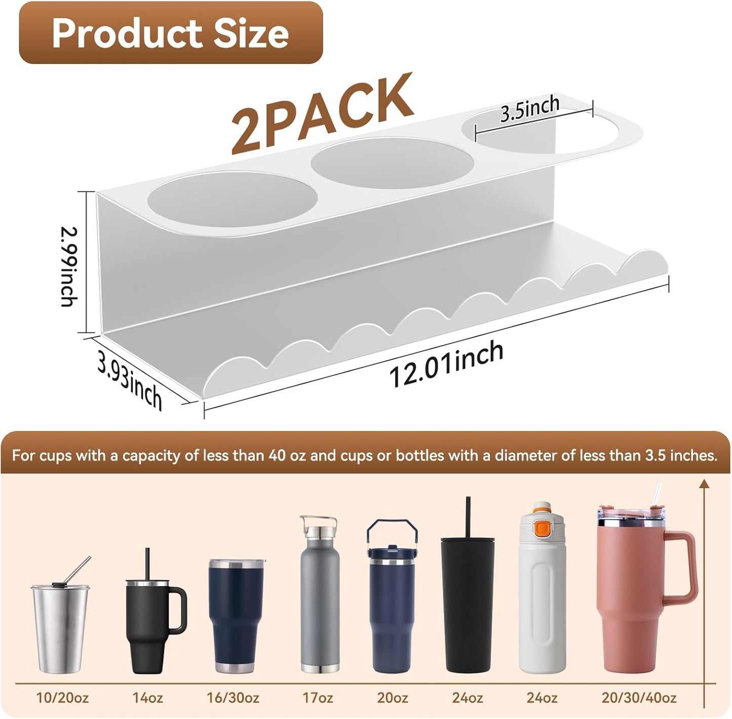 2 Pack Magnetic Cup Holder for Fridge, Water Bottle Organizer for Stanley 30&40 oz Tumbler Metal Stanley Cup Accessories Organizer for Home Kitchen Outdoor (White)