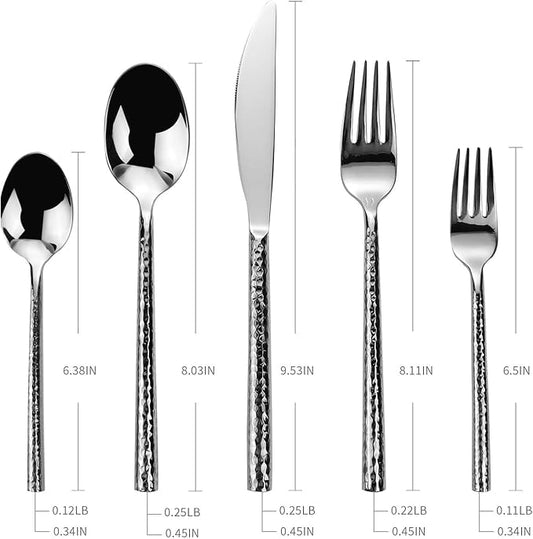 18/10 Stainless Steel Flatware Set Hand Forged Silverware Set Cutlery Set Round Hammered Handle Mirror Finished Heavy Duty 60 Pieces Service for 12