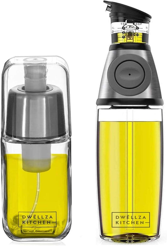 DWËLLZA KITCHEN Olive Oil Dispenser Bottle For Kitchen & Sprayer For Cooking - Glass 17 Oz. Cooking Oil/Syrup Dispenser With Measurements & 6 Oz. Spray Bottle Set