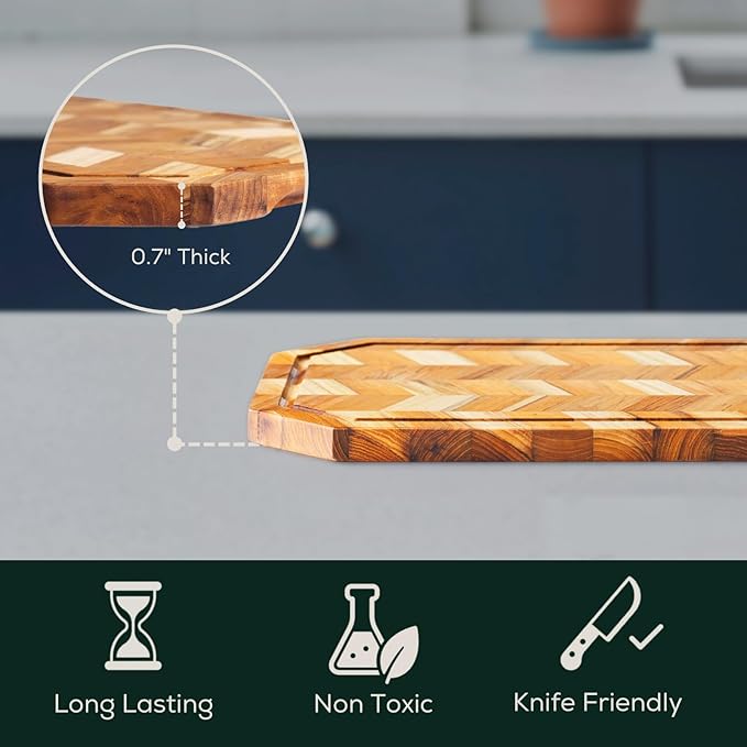 EZ FURNITURE Small (S) Teak Herringbone Wood Premium Cutting & Serving Board, Knife Friendly, Juice Groove & Handles, Pre-Oiled with Food-Grade Mineral Oil, Non-Toxic(S 14" x 10" x 0.7", 2.65 lbs)