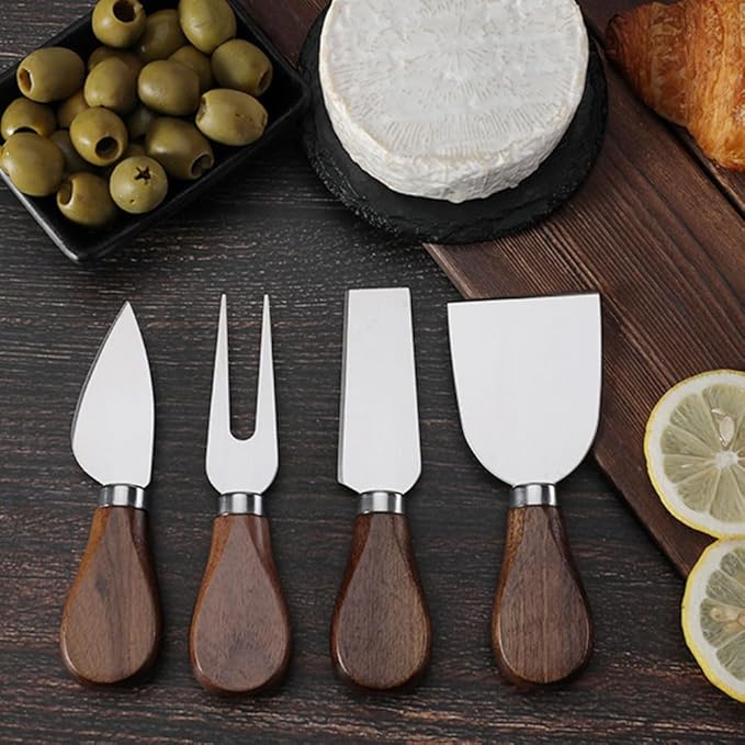 4-Piece Set of Stainless Steel Cheese Knives with Wood Hand, Including Cheese Slicer and Cheese Cutters, Essential Cheese Tools for the Kitchen (Walnut handle, Silver)