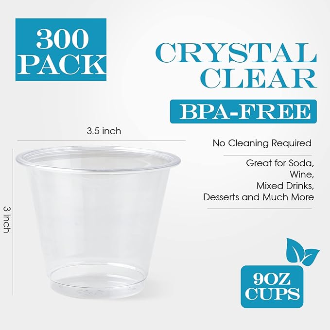 Turbo Bee 300 Pack 9oz Clear Plastic Cups,Disposable Crystal Drinking Cups,PET Plastic Party Cups for Wine,Juice,Iced Coffee and Cold Drinks