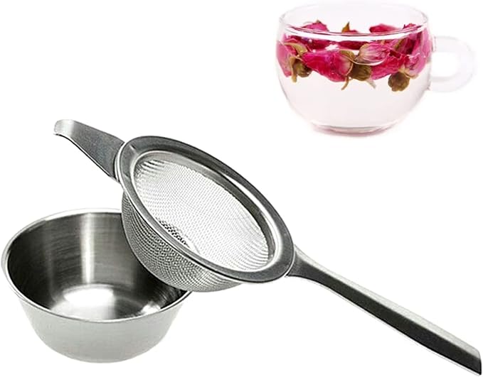 Fine Mesh Strainer with Long Handle, Stainless Steel Mini Tea Strainer with dripping bowl, for Straining Teas and Cocktails or Sifting Flour, Sugar, Spices, and Herbs(Silver)