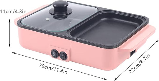 Electric Grill Hot Pot 2 in 1,Mini Electric Hot Pot BBQ Grill Kitchen Smokeless Shabu Cooking Pan 1200W,Multifunctional Grill Pan Indoor for Korean BBQ, Steaks, Shabu Shabu and Noodles (Pink)