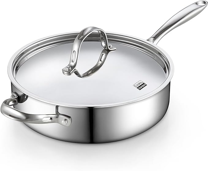 Cooks Standard Multi-Ply Clad Stainless Steel Saute Pan 10.5 Inch, 4 Quart Deep Frying Pan Skillet with Lid, Induction Cookware, Stay-Cool Handle