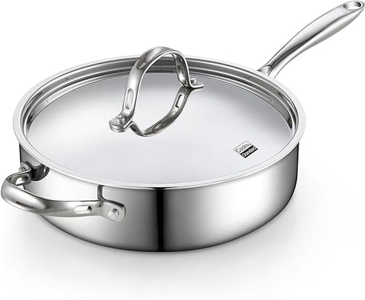Cooks Standard Multi-Ply Clad Stainless Steel Saute Pan 10.5 Inch, 4 Quart Deep Frying Pan Skillet with Lid, Induction Cookware, Stay-Cool Handle
