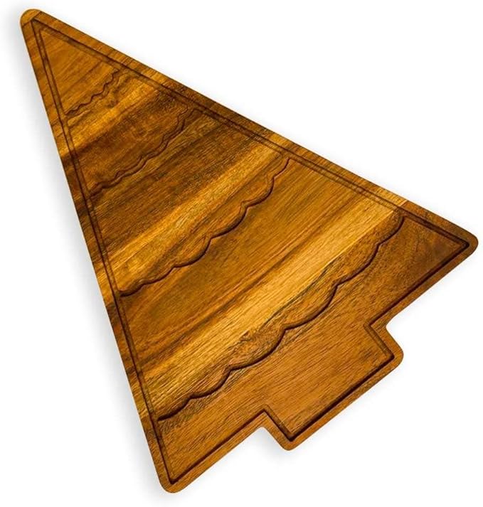 Treen Art Wooden Christmas Cutting Board for Kitchen Decor, 13.5"L x 10.8"W Tree Shaped Acacia Wood Chopping Board with Handle & Curved Grooves, Serving Charcuterie Platter