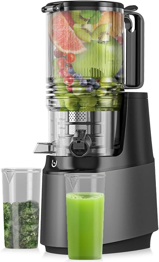 EanOruus Cold Press Juicer, 5.8" Wide Feed Chute Juice Extractor Machine with 400W, High Juice Yield, Slow Masticating Juicer for Whole Vegetables & Fruits, Grey