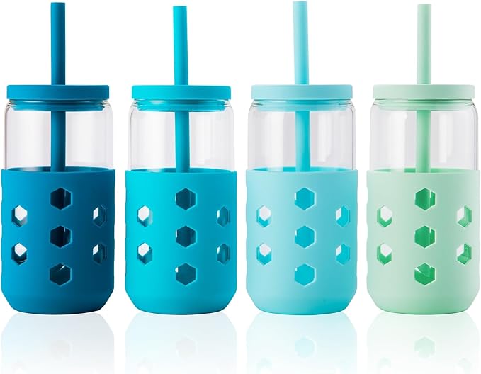 16 oz Glass Cups With Lids and Straws, 4-Pack Iced Coffee Cup - Smoothie Cup With Silicone Lid and Sleeve for Coffee Bar Accessory, Cute Drinking Glasses Set Reusable Glass Tumbler for Gifts