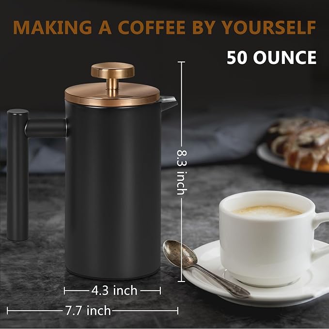 WORBIC Black Stainless Steel French Press Coffee Maker, Double Wall Insulated French Press,for Coffee&Tea,with 3 Extra Screens and a Coffee Spoon,50oz/1500ml,Gold