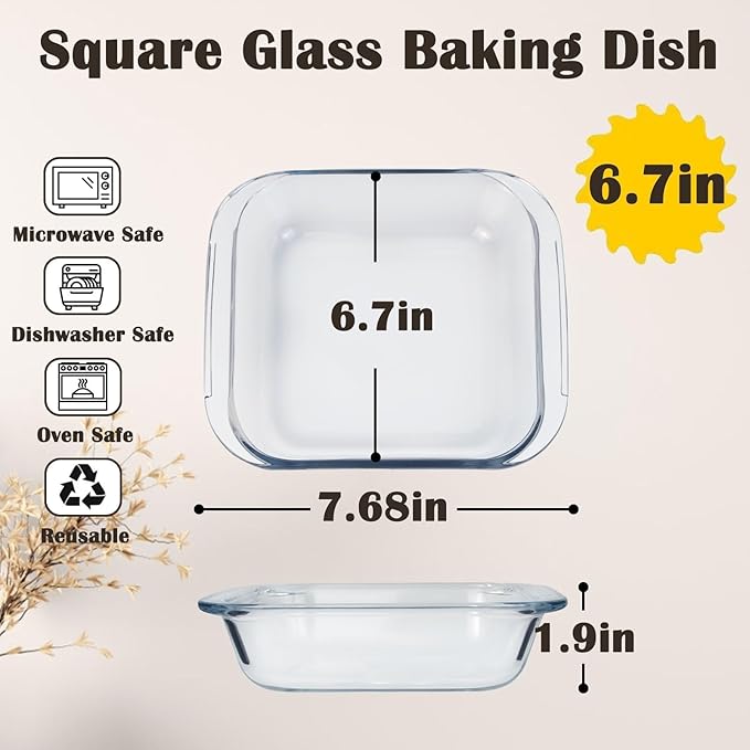 Small Glass Baking Dish for Oven, 6.7in Casserole Dishes for Oven, Square Glass Baking Pan