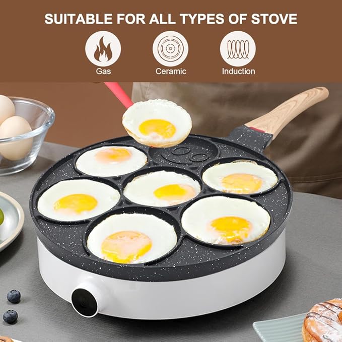 Pancake Pan Induction, Smiley Face Pancake Frying Pan Non Stick, 7 Holes Mini Pancake Maker for Kids 10.4 in - Black