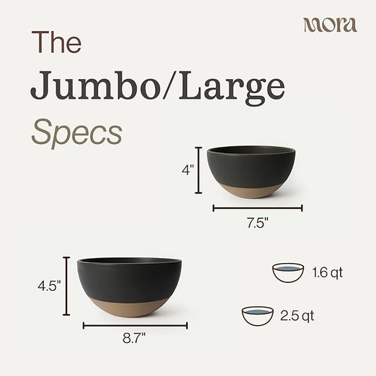 MORA Jumbo and Large Bowls Set of 2, 2.5 and 1.5 Qt Ceramic Pottery Mixing Bowls - Microwave and Dishwasher Safe - Liquorice