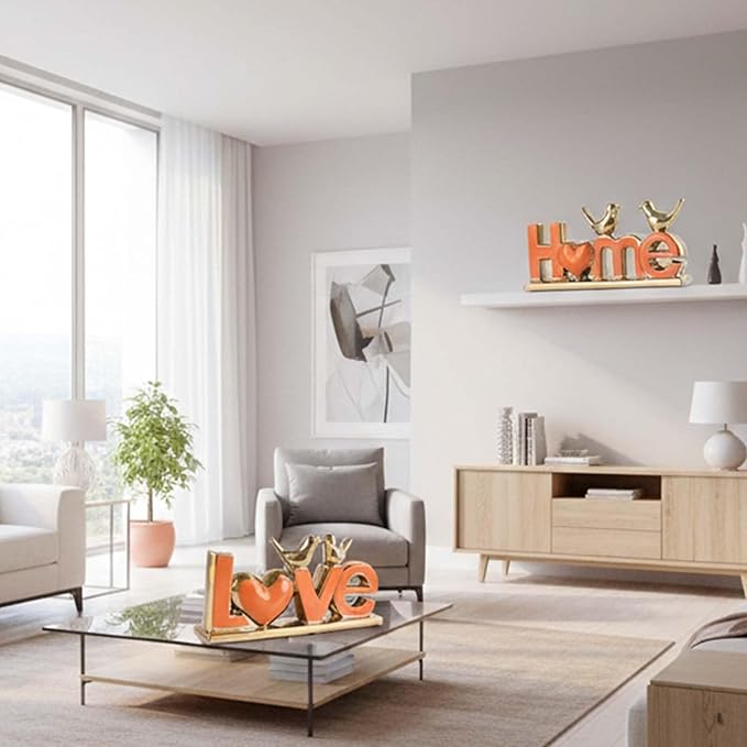Love Sign Decor,Gold Room Decor Aesthetic, Knick Knack Shelf,Bird Decor, Boho Bookshelf,Abstract Statue,for Living Room,Bedroom, Contemporary Tv Stand Set of 2 (2, Gold Orange)