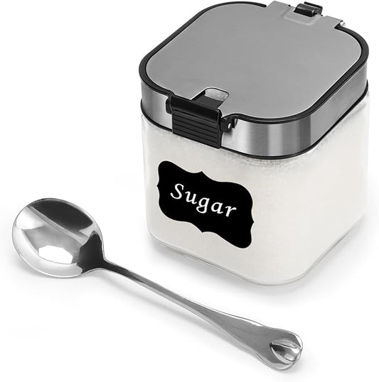 Aelga Glass Sugar Bowl with Lid and Spoon, 8.5 OZ Sugar Container Stainless Steels Flip Lid, Salt Container for Kitchen, Coffer Bar Accessories, Countertop