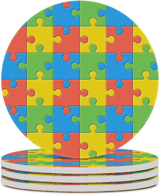 Round-4PCS Gamer Drink Coasters, Round Modern Ceramic Absorbent Coasters, Kids Abstract Colorful Puzzle Toy Decor Desk Coffee Table Coaster for Beverage Cup Tea Coasters