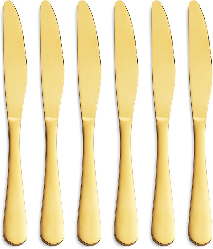 GoGeiLi Matte Gold Dinner Knife Set, 9.4-inch Stainless Steel Satin Finish Gold Dinner Table Knife Set of 6, Dishwasher Safe