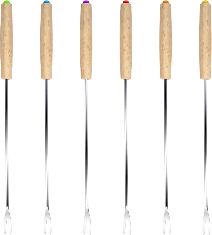 6Pcs 9.5'' Stainless Steel Fondue Forks Cheese Fondue Sticks with Color-Coding Heat-Resistant Wooden Handles, Ideal for Chocolate Fountain, Roasting Marshmallows, Grilling Meat, Desserts & Barbecue