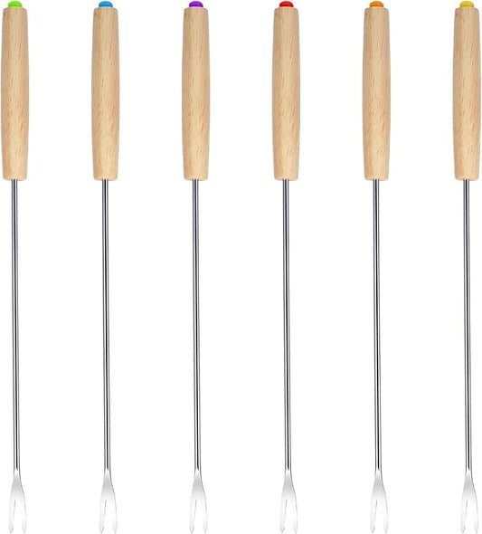6Pcs 9.5'' Stainless Steel Fondue Forks Cheese Fondue Sticks with Color-Coding Heat-Resistant Wooden Handles, Ideal for Chocolate Fountain, Roasting Marshmallows, Grilling Meat, Desserts & Barbecue