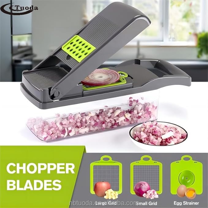 All-In-One, 12 Blade Mandoline Slicer, Vegetable Spiralizer, Cutter, Dicer, Food Chopper, Grater, Kitchen Gadgets Sets with ContainerPro Onion Chopper Veggie Chopper With Container(Grey green) slicer